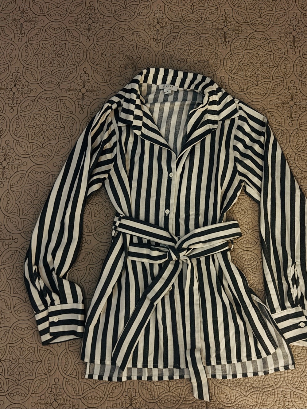 FAVLUX Black and White Striped Tie-Waist Shirt Dress